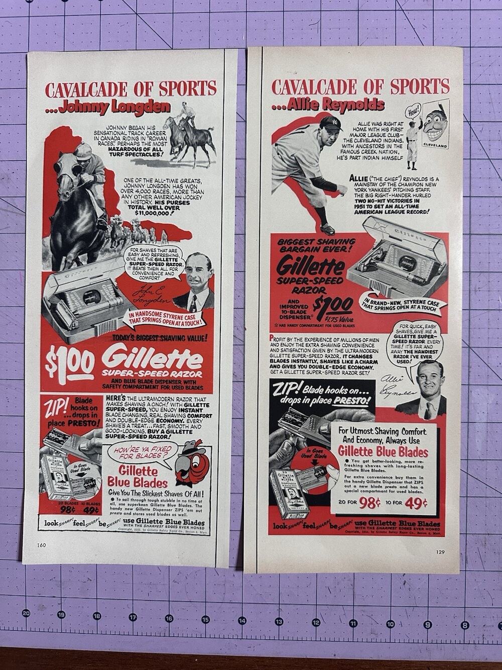 2 Vintage 1952 Gillette Razor Baseball Horseracing Reynolds Longden Print Ads